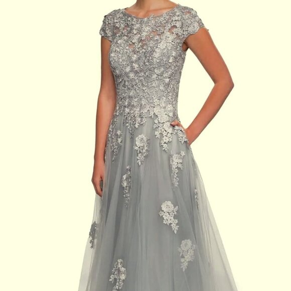 La Femme Silver Embroidered Embellished Mesh A-Line Gown - Picture 1 of 4